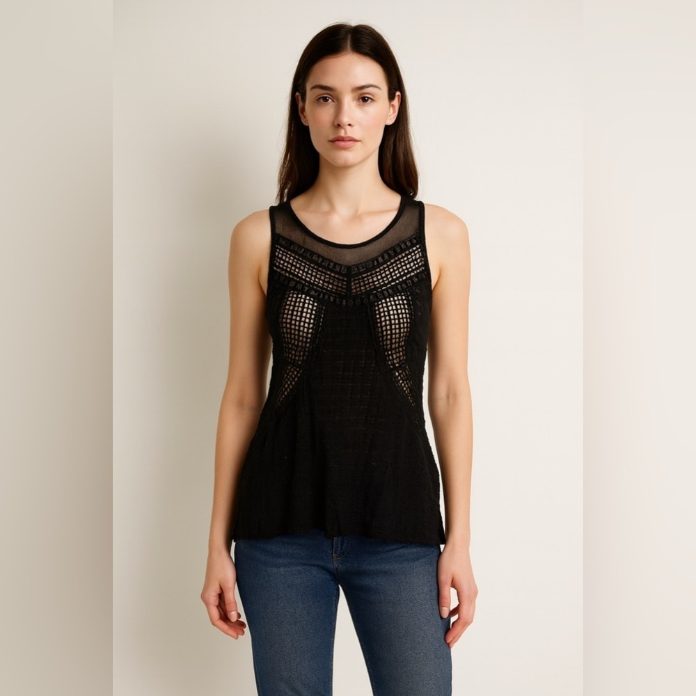 Poof Women's Black Top Blouse Size Small Crochet Cutout Boho Festival Western